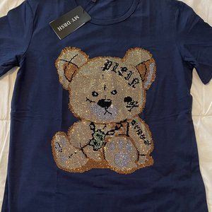Streetwear Slim Men's Short Sleeve Rhinestones Teddy Bear Tshirt Unisex